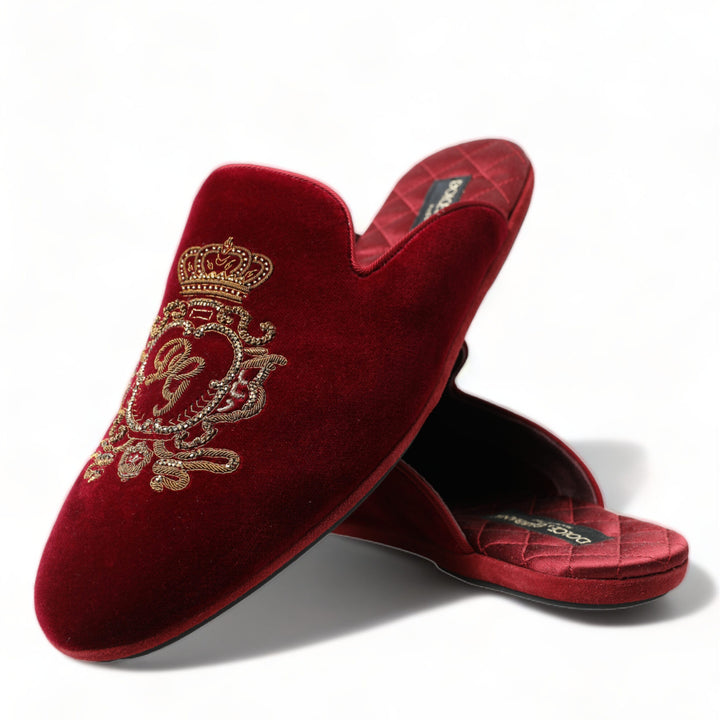 Dolce & Gabbana Bordeaux Velvet Gold Crown Embroidery Slides Shoes