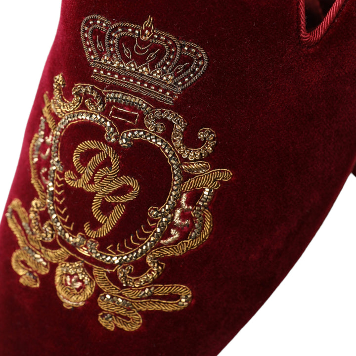 Dolce & Gabbana Bordeaux Velvet Gold Crown Embroidery Slides Shoes