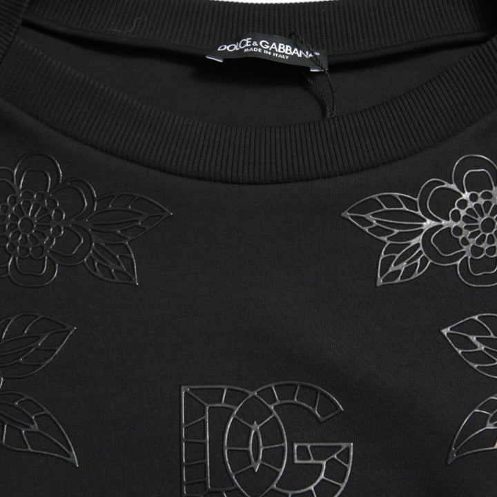 Dolce & Gabbana Black Pullover Floral Logo Applique Sweater