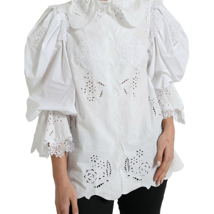 Dolce & Gabbana White Cotton Lace Trim Collared Blouse Top