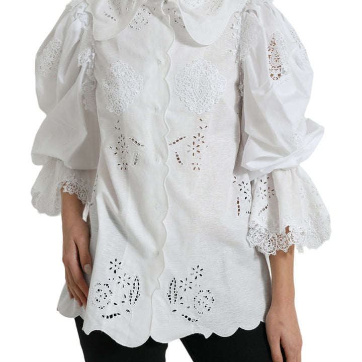 Dolce & Gabbana White Cotton Lace Trim Collared Blouse Top