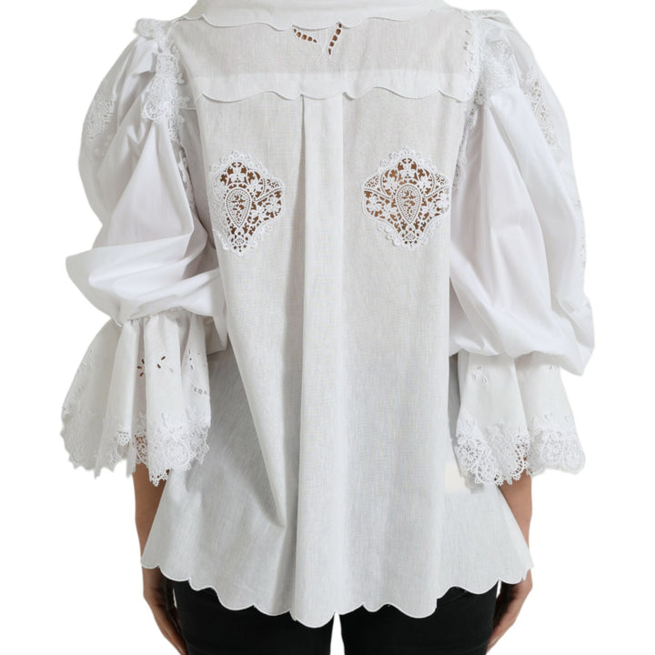 Dolce & Gabbana White Cotton Lace Trim Collared Blouse Top