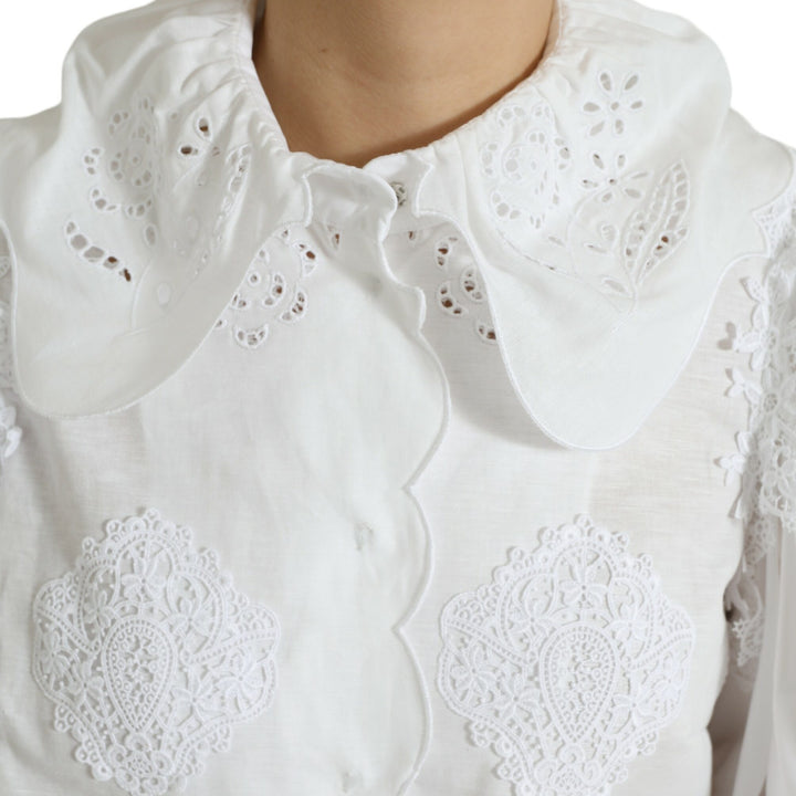 Dolce & Gabbana White Cotton Lace Trim Collared Blouse Top