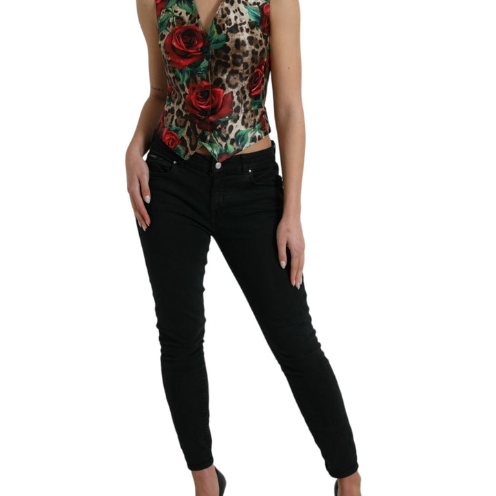 Dolce & Gabbana Brown Leopard Rose Silk Waistcoat Vest Top