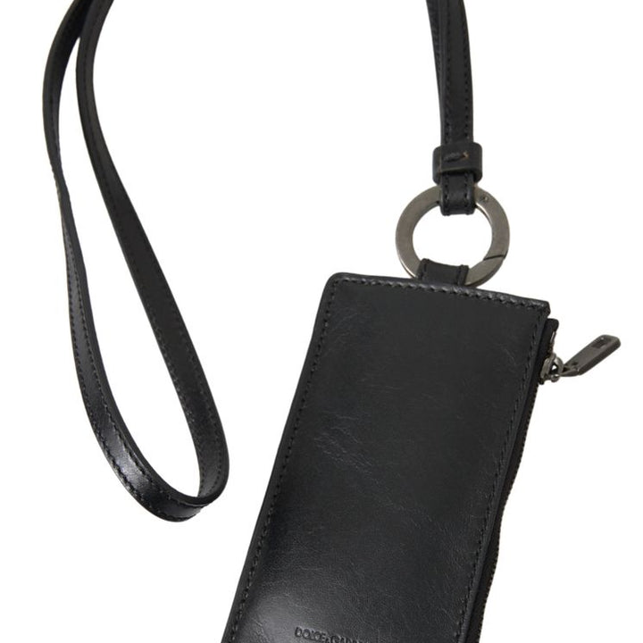 Dolce & Gabbana Black Leather Lanyard Logo Card Holder Men Wallet