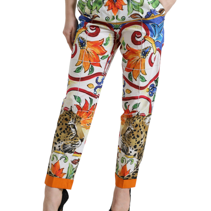 Dolce & Gabbana White Majolica Print Tapered Mid Waist Pants