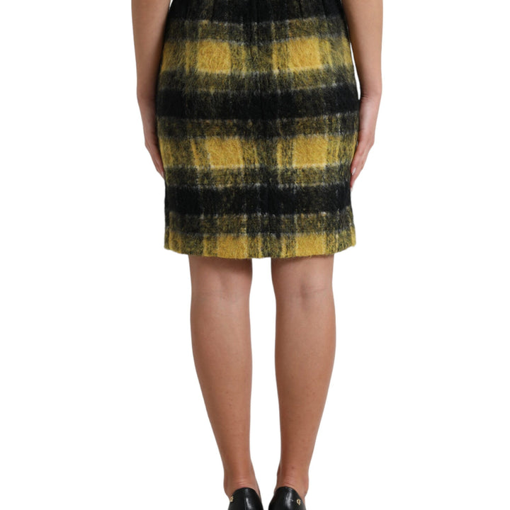 Dolce & Gabbana Yellow Black Brushed Checked Wool Pencil Cut Skirt