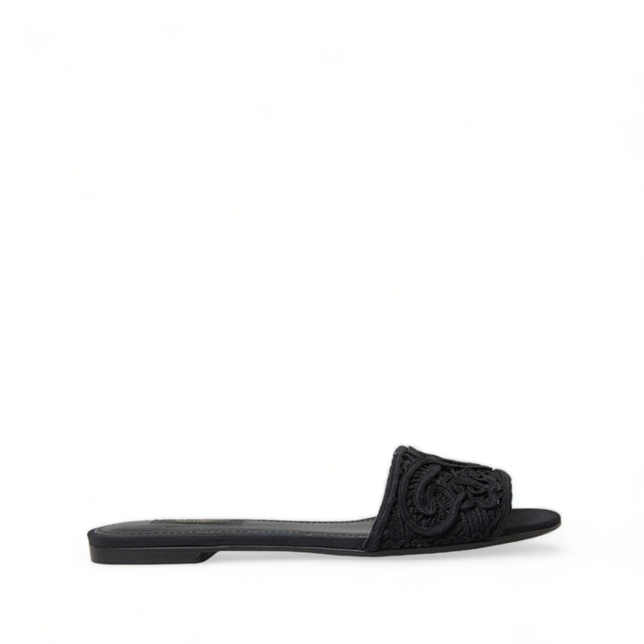 Dolce & Gabbana Black Cotton Heart Embroidery Sandals Shoes