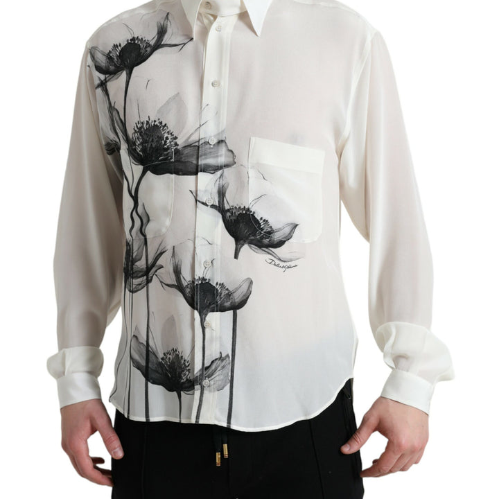 Dolce & Gabbana White Floral Collared Dress Silk Shirt