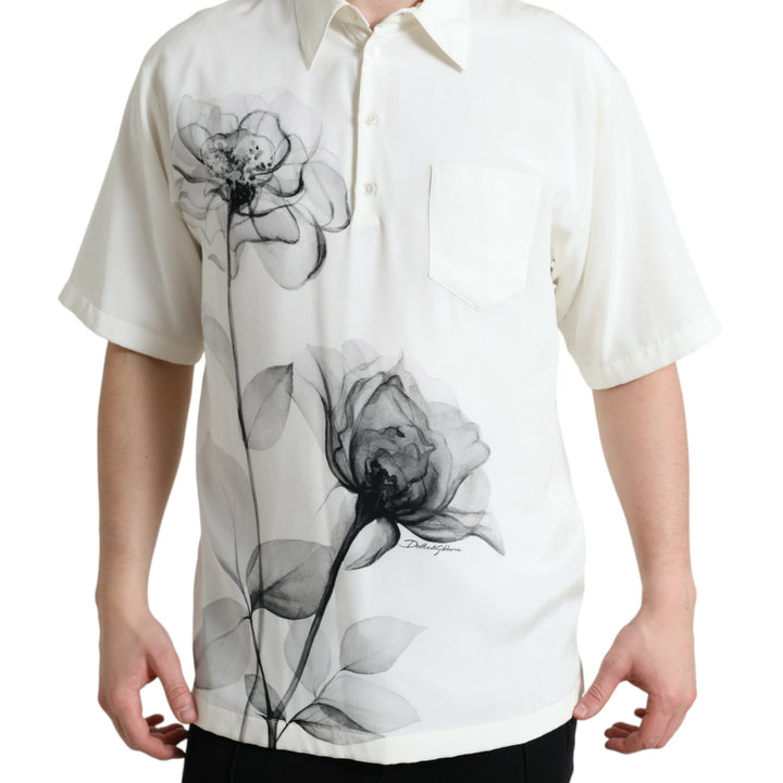 Dolce & Gabbana Off White Floral Print Collared Polo T-shirt