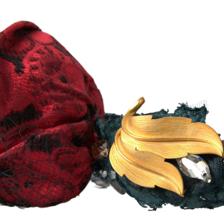 Dolce & Gabbana Red with multicolor Rose Silk Crystal Netted Logo Diadem Headband