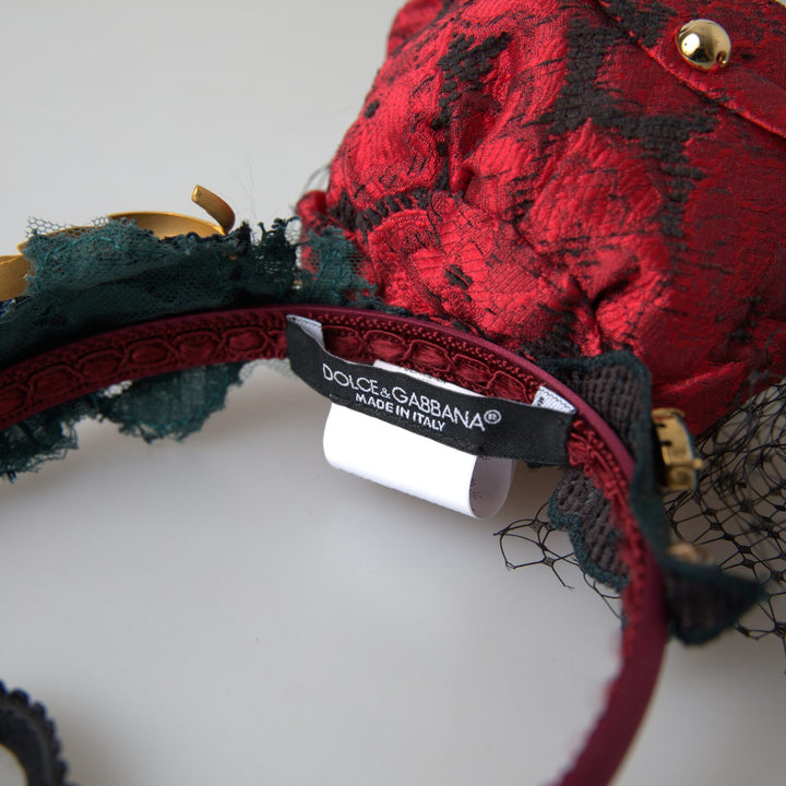 Dolce & Gabbana Red with multicolor Rose Silk Crystal Netted Logo Diadem Headband