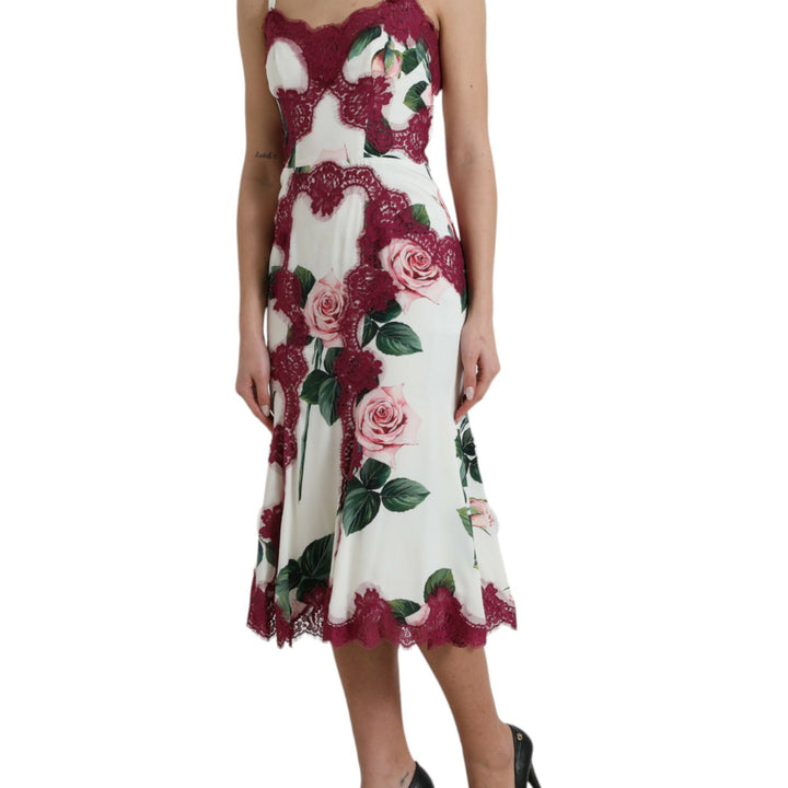 Dolce & Gabbana White Rose Print Lace Silk A-line Midi Dress