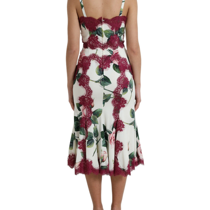 Dolce & Gabbana White Rose Print Lace Silk A-line Midi Dress