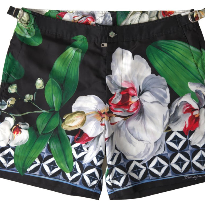 Dolce & Gabbana Black Floral Orchids Beachwear Shorts Swimwear