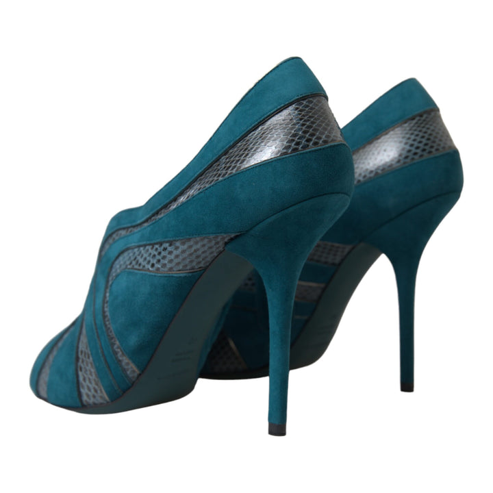 Dolce & Gabbana Teal Suede Leather Peep Toe Heels Pumps Shoes