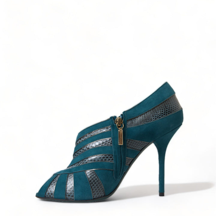 Dolce & Gabbana Teal Suede Leather Peep Toe Heels Pumps Shoes