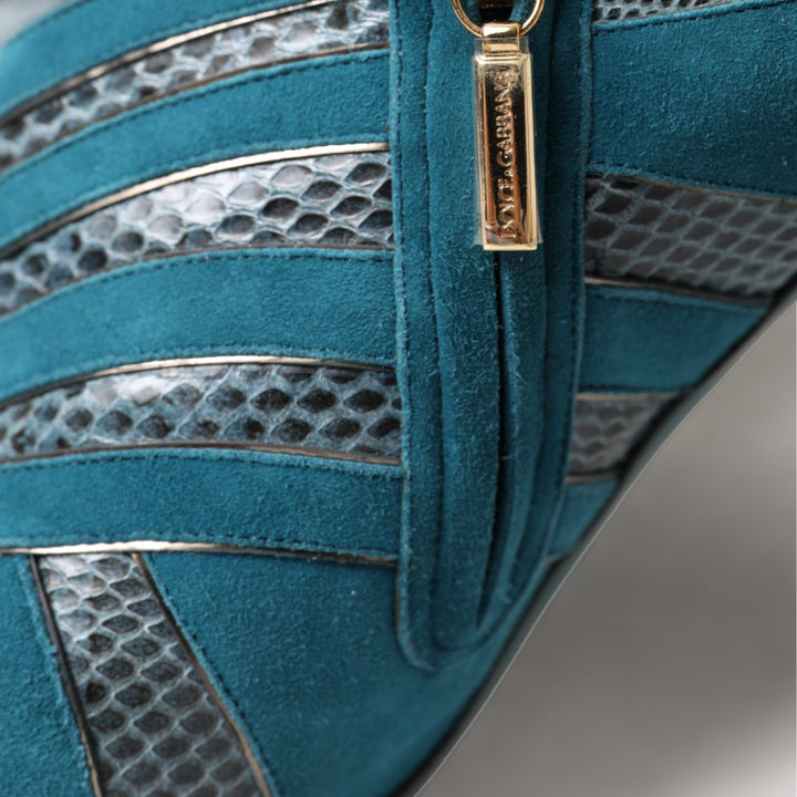 Dolce & Gabbana Teal Suede Leather Peep Toe Heels Pumps Shoes