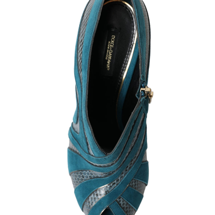 Dolce & Gabbana Teal Suede Leather Peep Toe Heels Pumps Shoes