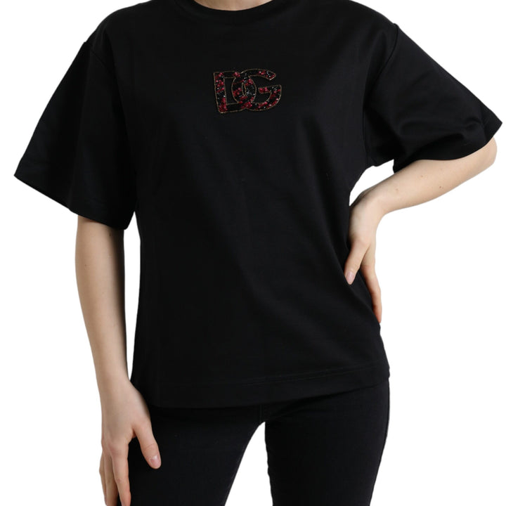 Dolce & Gabbana Black Cotton DG Crystal Crewneck Tee T-shirt