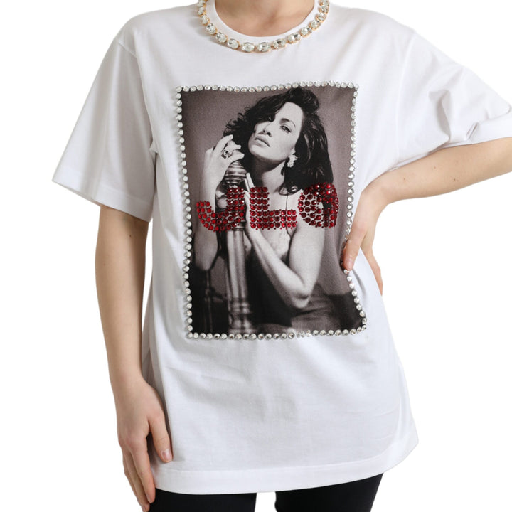 Dolce & Gabbana White Crystal Neckline Print Tee T-shirt