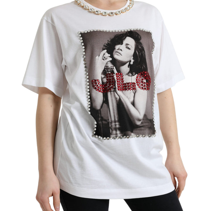 Dolce & Gabbana White Crystal Neckline Print Tee T-shirt