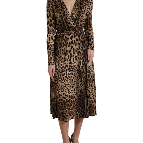 Dolce & Gabbana Brown Leopard Print Wrap Effect Midi Dress