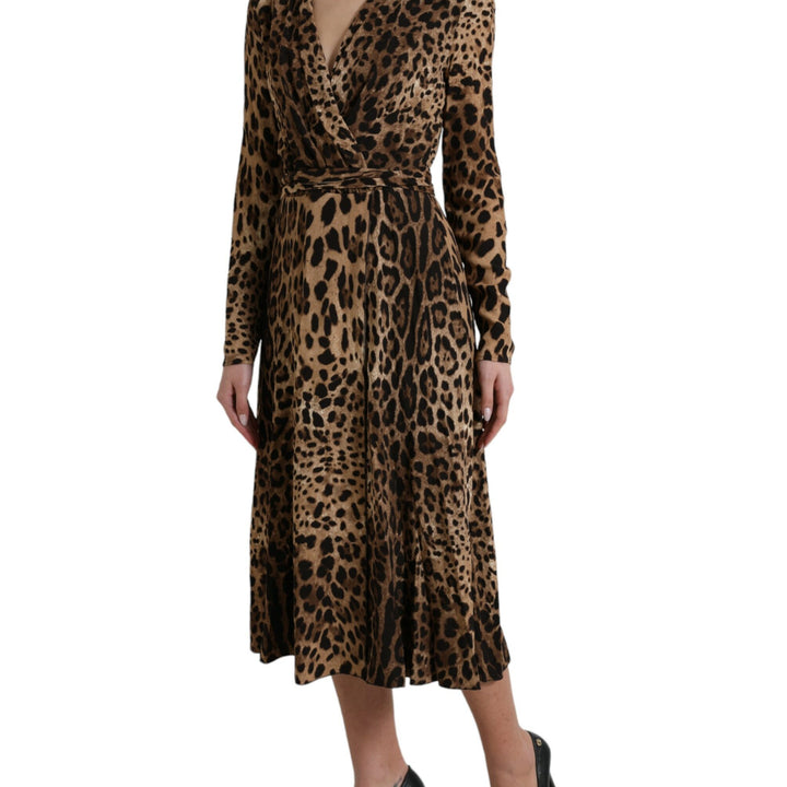 Dolce & Gabbana Brown Leopard Print Wrap Effect Midi Dress