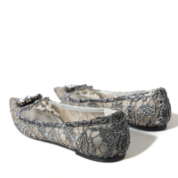 Dolce & Gabbana Silver Vally Taormina Lace Crystals Flat Shoes