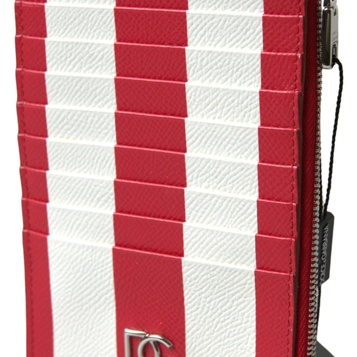 Dolce & Gabbana Red White Leather DG Logo Zip Card Holder Wallet