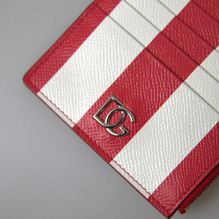 Dolce & Gabbana Red White Leather DG Logo Zip Card Holder Wallet