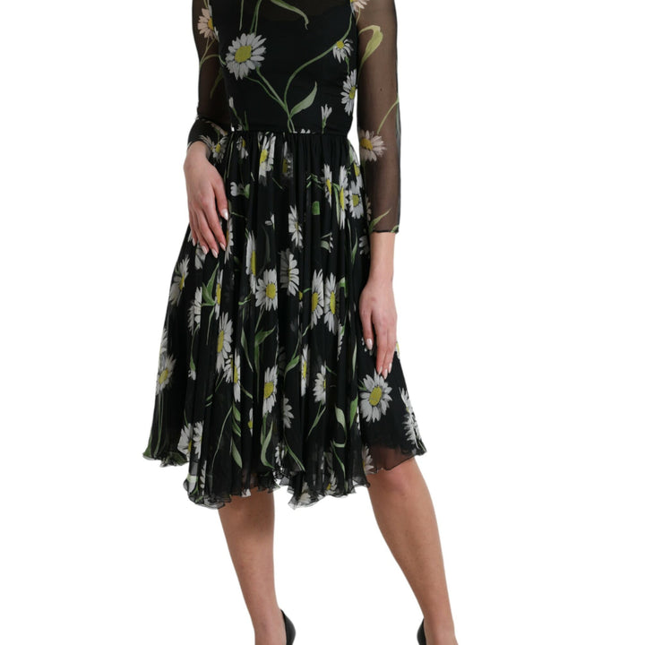 Dolce & Gabbana Black Floral Sheer A-line Knee Length Dress