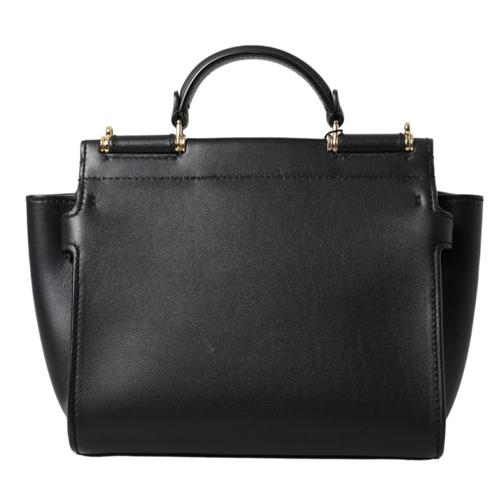 Dolce & Gabbana Black Calf Leather Sicily 62 Top Handle Logo Plaque Bag