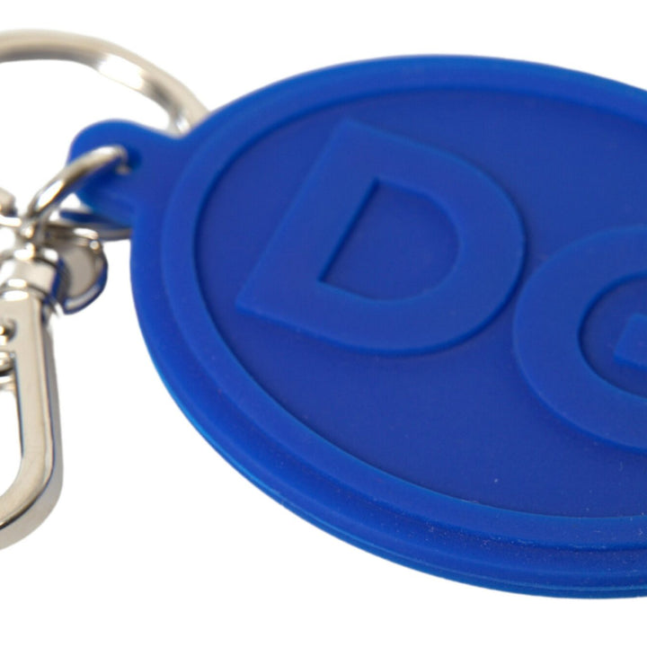 Dolce & Gabbana Blue Rubber DG Logo Silver Brass Metal Keyring Keychain