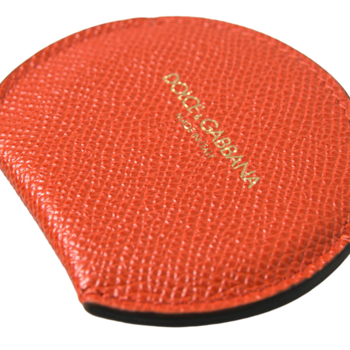 Dolce & Gabbana Orange Calfskin Leather Round Logo Hand Mirror Holder