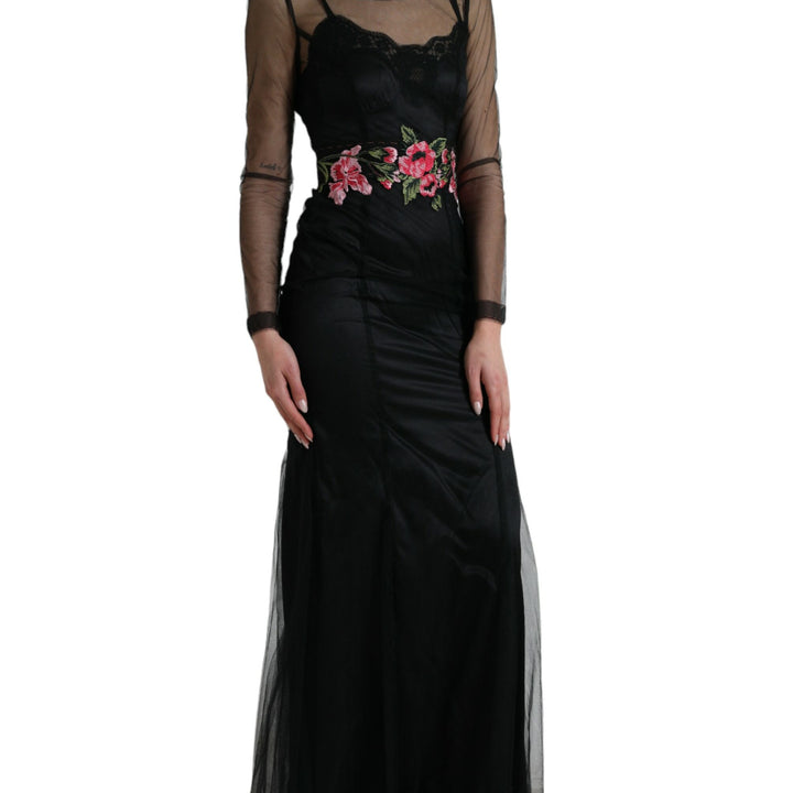 Dolce & Gabbana Black Floral Embroidery Mesh Tulle Gown Dress