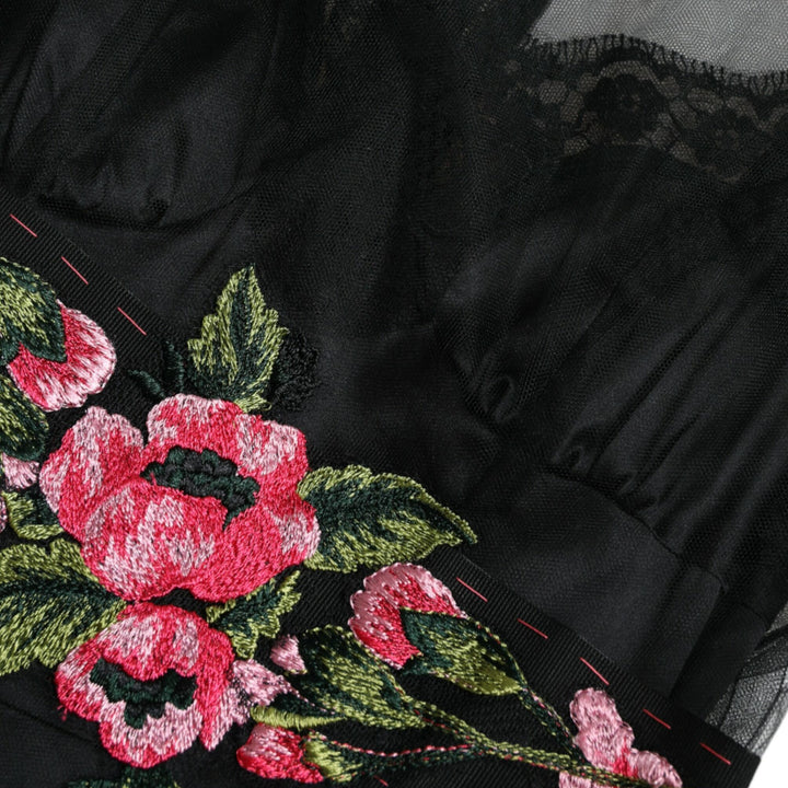 Dolce & Gabbana Black Floral Embroidery Mesh Tulle Gown Dress