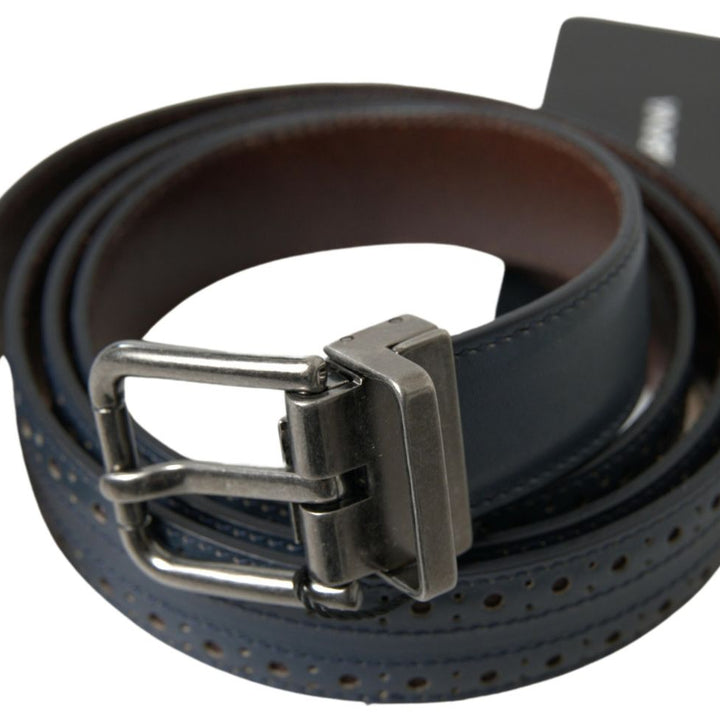 Dolce & Gabbana Blue Leather Perforated Metal Buckle Belt