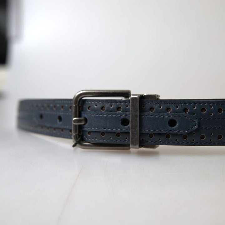 Dolce & Gabbana Blue Leather Perforated Metal Buckle Belt