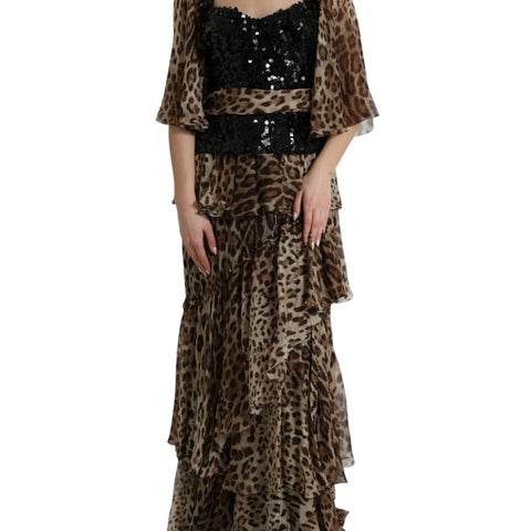 Dolce & Gabbana Brown Leopard Sequined Tiered Long Gown Dress
