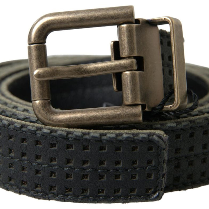 Dolce & Gabbana Black Leather Perforated Gold Buckle Belt