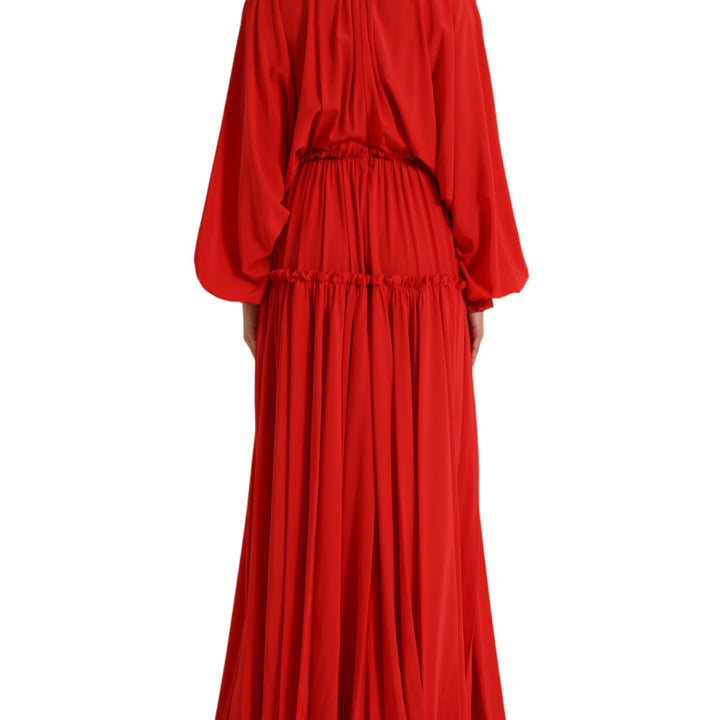 Dolce & Gabbana Red Silk Long Gown Pleated Ascot Collar Dress