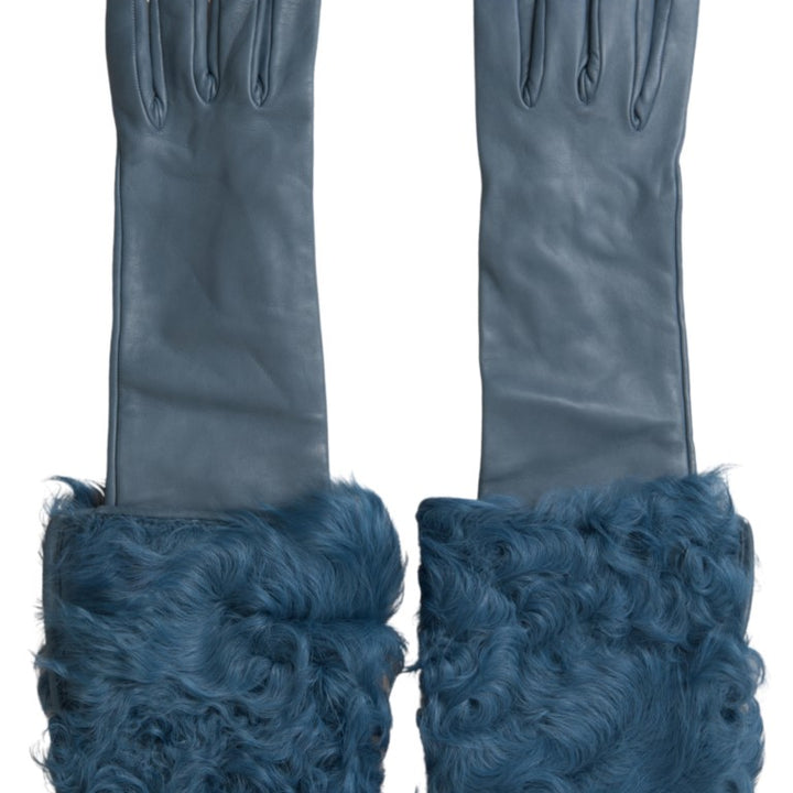 Dolce & Gabbana Blue Leather Fur Mid Arm Length Gloves