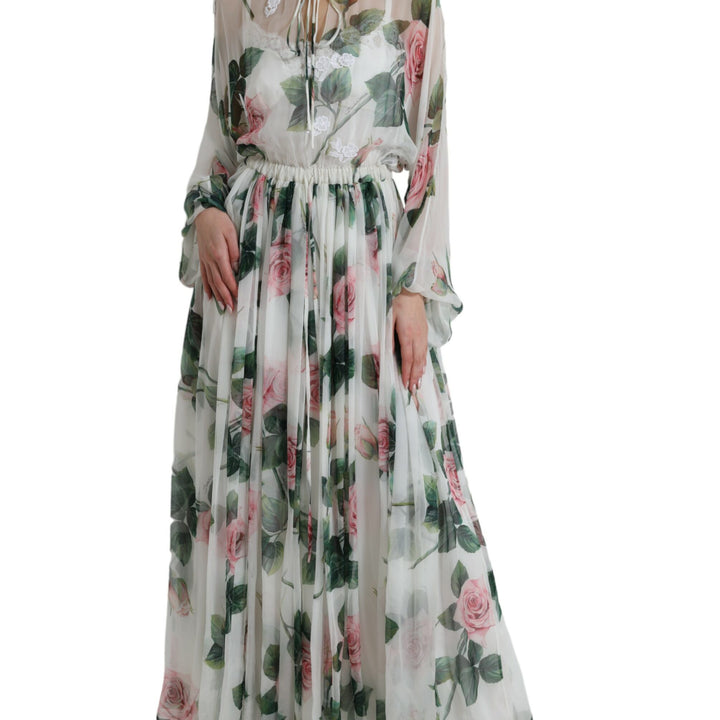 Dolce & Gabbana White Rose Print A-line Pleated Maxi Dress