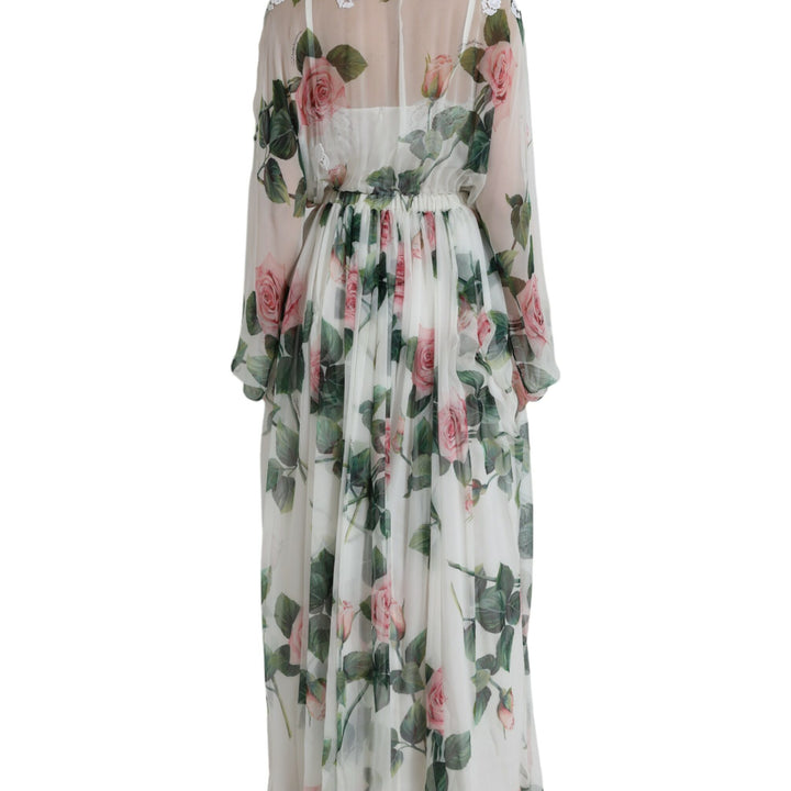 Dolce & Gabbana White Rose Print A-line Pleated Maxi Dress