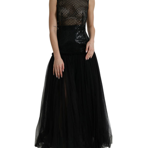 Dolce & Gabbana Black Sequined Sleeveless Mesh Layered Gown Dress