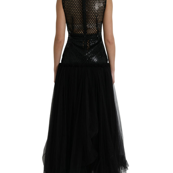 Dolce & Gabbana Black Sequined Sleeveless Mesh Layered Gown Dress