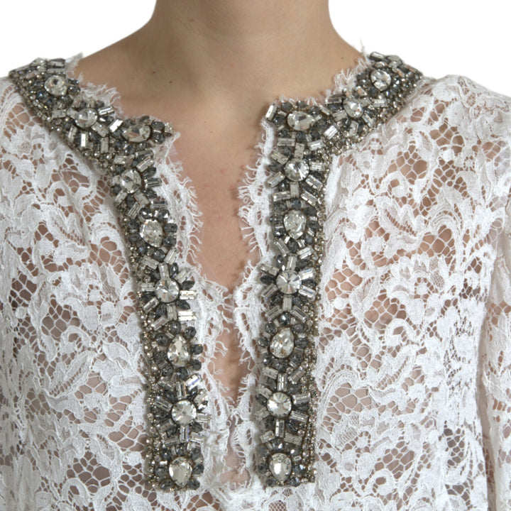 Dolce & Gabbana White Lace Crystal Embellished Shift Dress