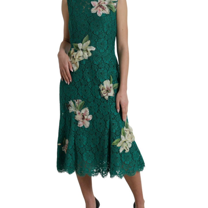 Dolce & Gabbana Green Lace Floral Applique Aline Midi Dress