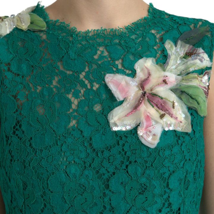 Dolce & Gabbana Green Lace Floral Applique Aline Midi Dress